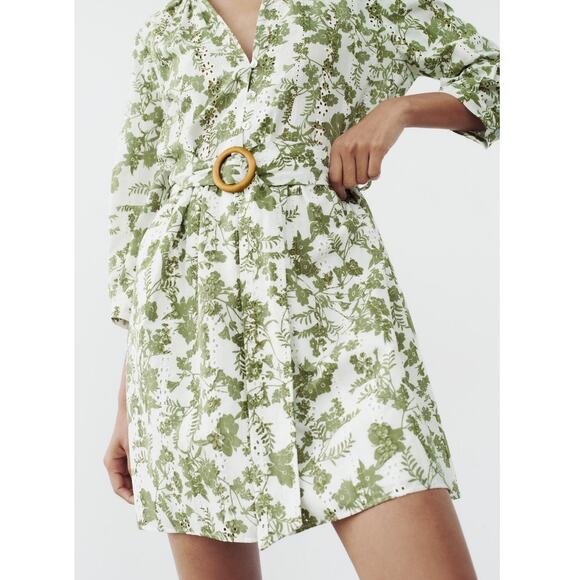Zara V-neck Embroidered Eyelet Belted Mini Dress in White Green Floral - Picture 3 of 16